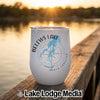A white travel tumbler featuring a blue map of Belews Lake, North Carolina, and a compass design.