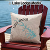Pillow with Lake Anna Virginia map and compass rose on Adirondack chair.