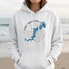 White hoodie with a blue Lake Wallenpaupack Pennsylvania map and compass design.