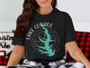 Black t-shirt with Lake Conroe Texas map and compass design and small logo.
