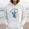 White hoodie with Lake Pleasant Arizona map and compass graphic.