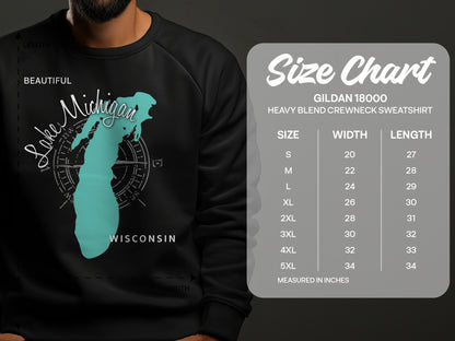 Crewneck sweatshirt size chart with Lake Michigan graphic and measurement details.