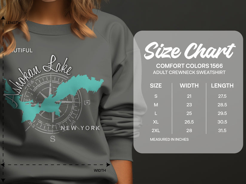 Crewneck sweatshirt size chart for Shokan Lake map design.