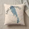 Pillow with blue Lake Winnipeg map graphic and compass rose design.