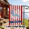 Red and white striped garden flag with "Rainy Lake Minnesota" and "The Smith Family".