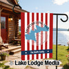 Garden flag with red and white stripes, Merrymeeting Lake New Hampshire, and The Smith Family.