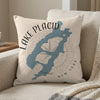 Pillow with blue Lake Placid map and compass graphic with "Lake Placid New York" text.
