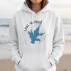 White hoodie with Lake Murray California map and compass graphic.