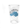 Glass with blue Lake Superior map, compass, and text.