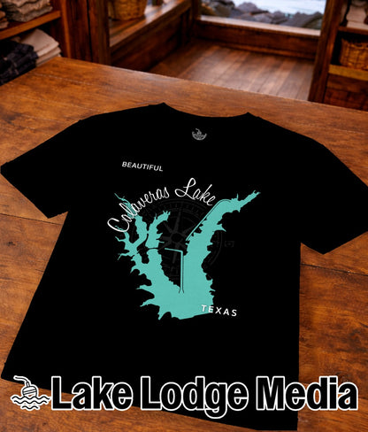 Black t-shirt with teal Calaveras Lake Texas map and compass graphic.