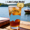 Glass of iced tea with "ALDEN POND" and a blue Massachusetts outline.