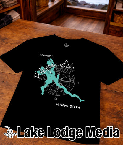 Black t-shirt with "Pokegama Lake Minnesota" map and compass graphic.