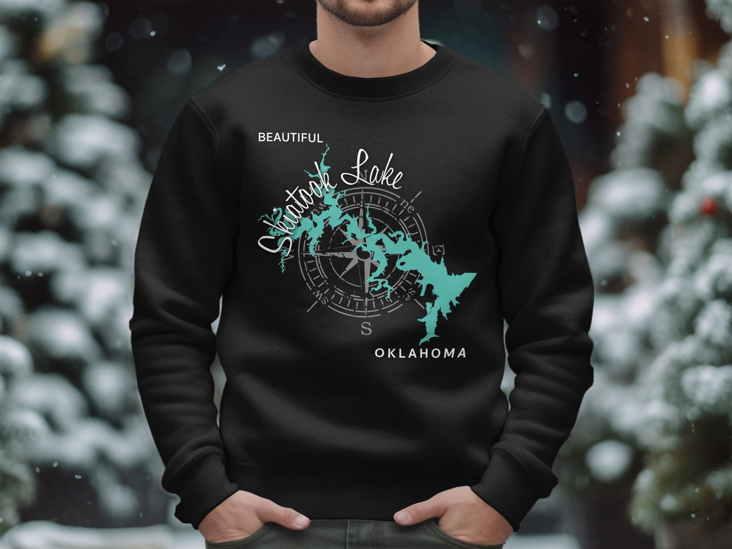 Black sweatshirt with a Shatook Lake Oklahoma map and compass graphic.