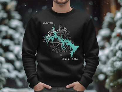 Black sweatshirt with a Shatook Lake Oklahoma map and compass graphic.