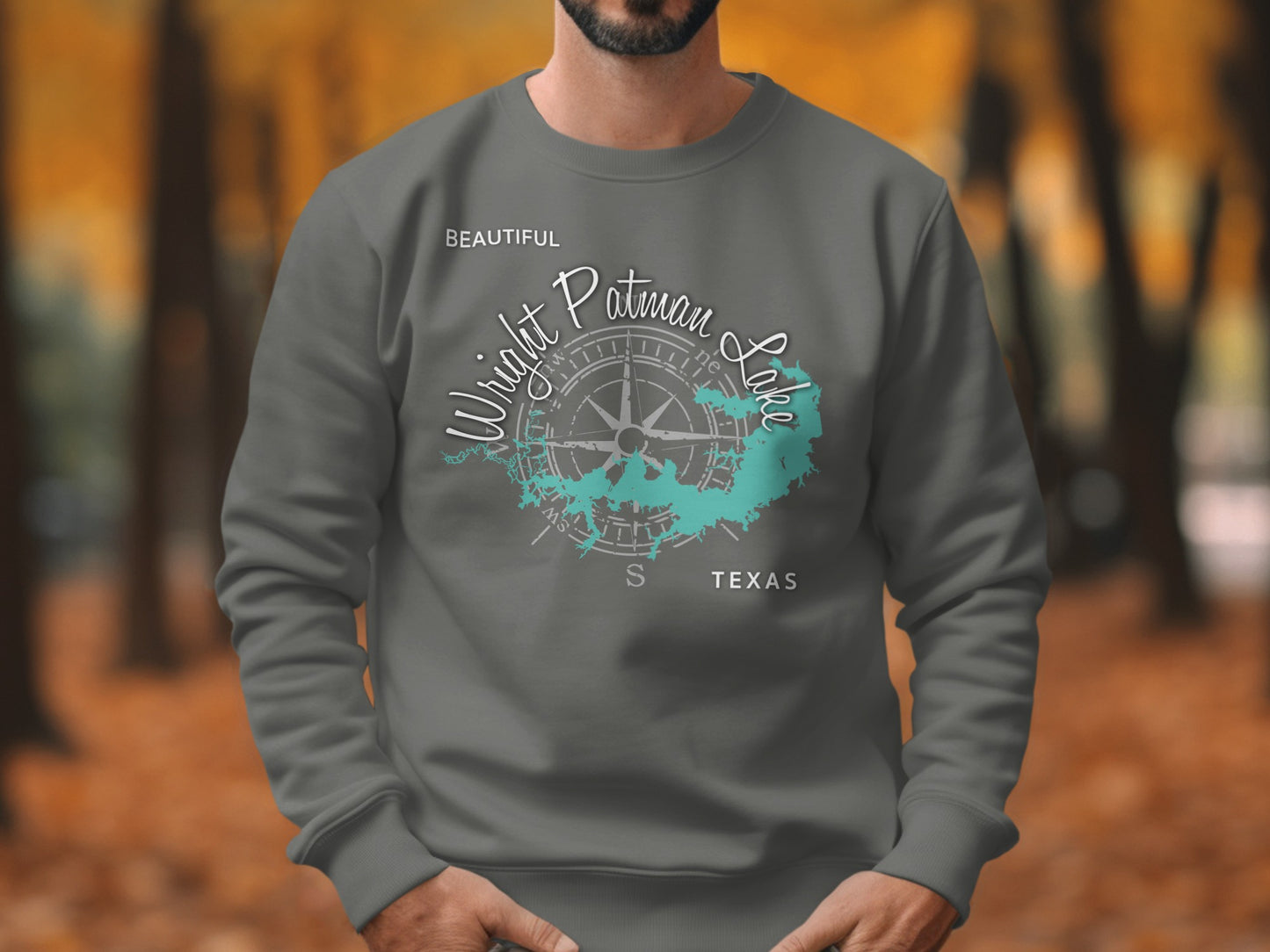 Gray sweatshirt with a compass graphic and "Wright Patman Lake Texas" text.