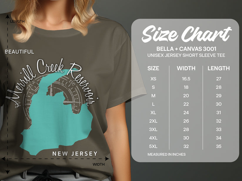 T-shirt size chart showing measurements for Bella + Canvas 3001 unisex tees.