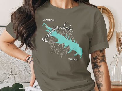 Grapevine Lake Texas graphic on olive green t-shirt.
