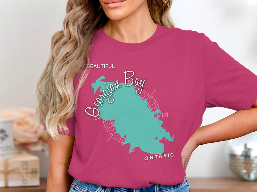 Georgian Bay Ontario map graphic on pink t-shirt.