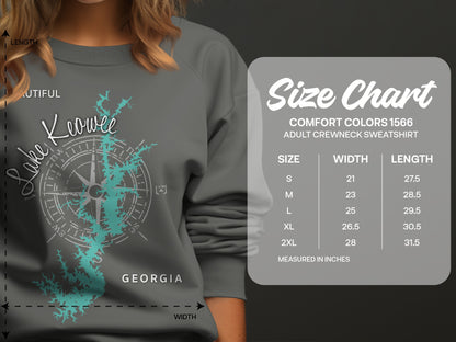 Lake Keowee Georgia sweatshirt size chart with width and length measurements.
