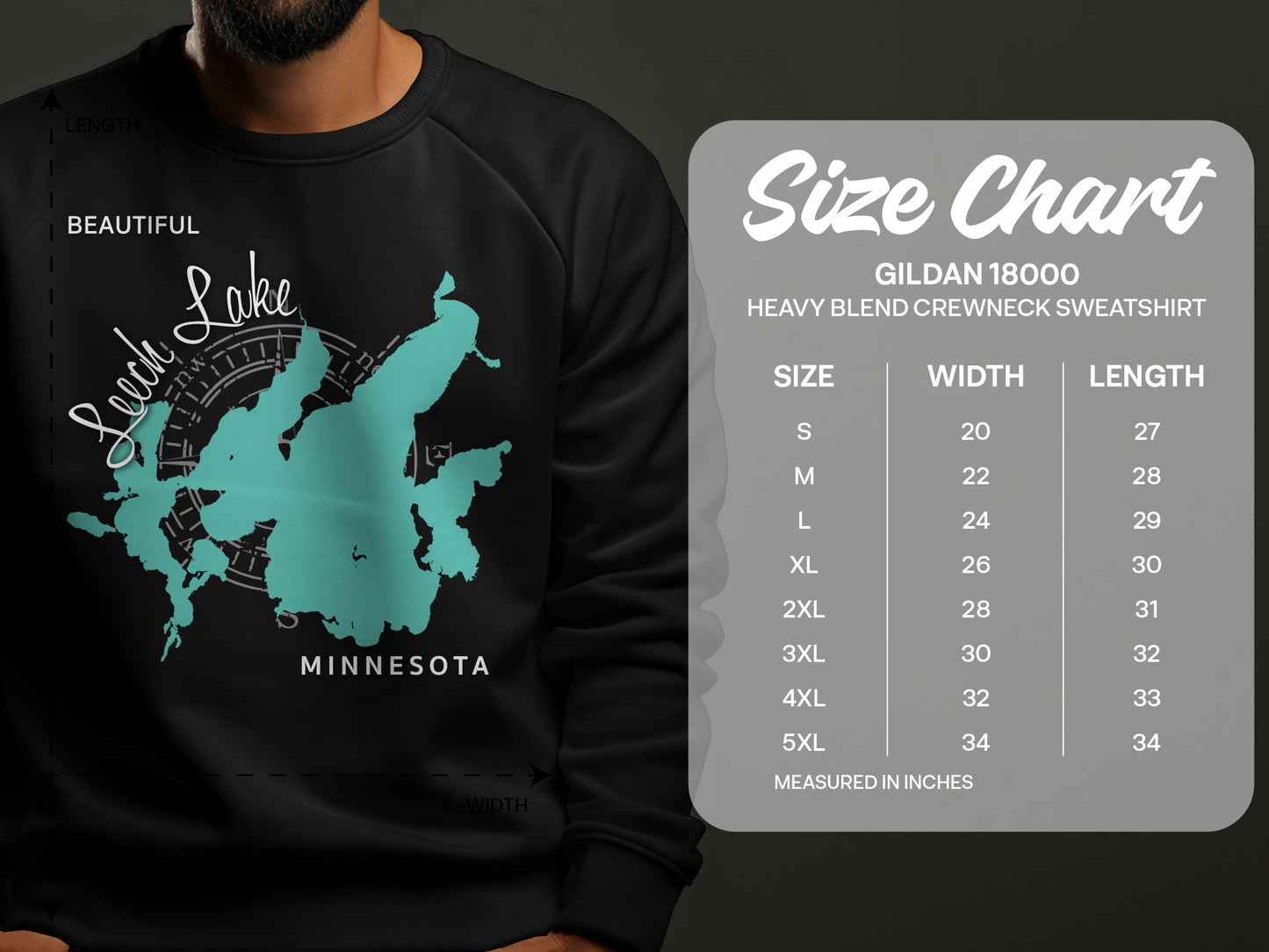 Crewneck sweatshirt with Leech Lake, Minnesota map graphic and size chart.