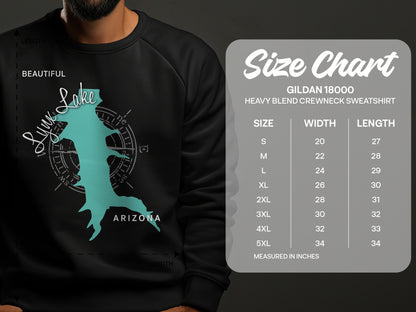 Gildan 18000 sweatshirt size chart with Arizona lake graphic.