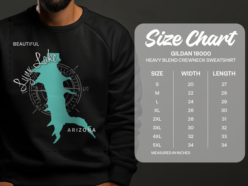 Gildan 18000 sweatshirt size chart with Arizona lake graphic.