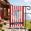 Chatuge Lake garden flag with red and white stripes and custom family name.