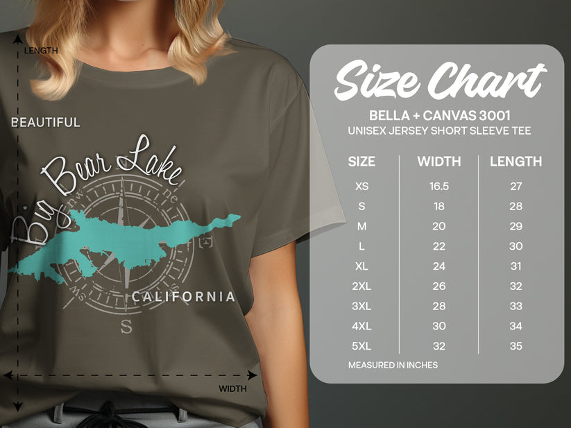 T-shirt size chart for Bella + Canvas 3001 with "Bear Lake California" graphic.