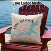 Pillow with "Lake Jackson Georgia" and compass design on Adirondack chair.