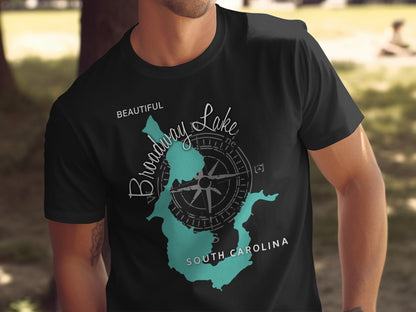 Black t-shirt featuring a teal map of Broadway Lake, South Carolina, with compass graphic.
