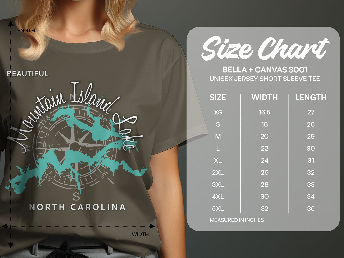 T-shirt with "Mountain Island Lake North Carolina" graphic and size chart.
