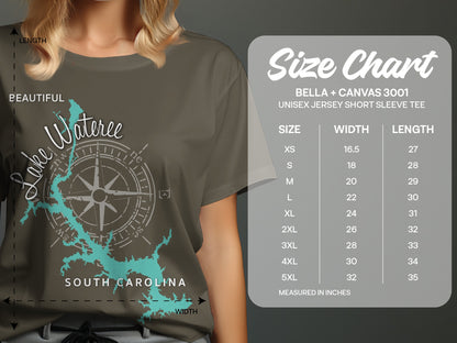 T-shirt size chart with Lake Wateree graphic and measurements in inches.