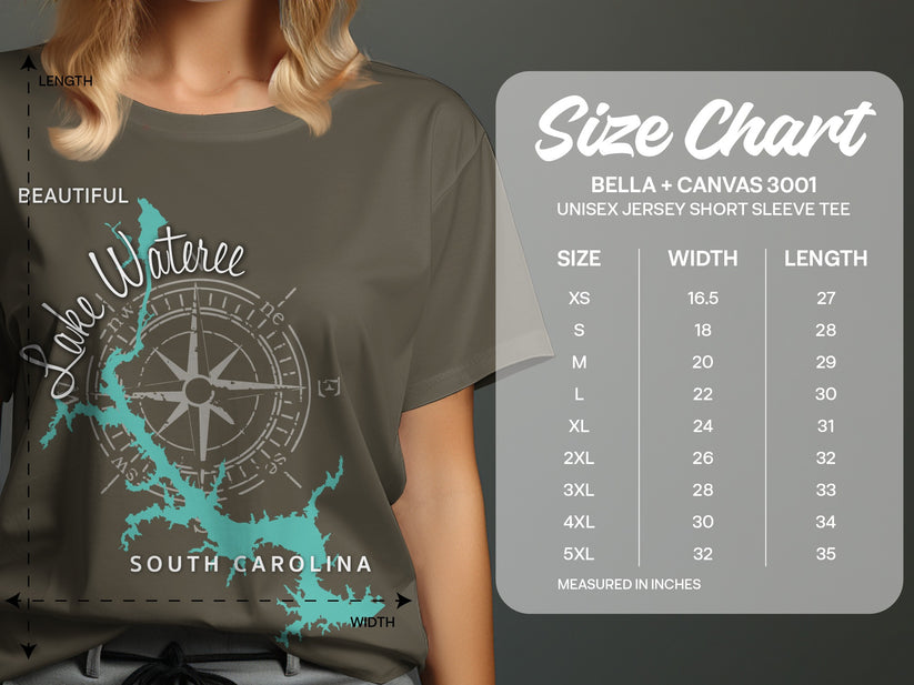 T-shirt size chart with Lake Wateree graphic and measurements in inches.