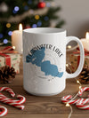 White mug with Clearwater Lake, Minnesota map and compass design.