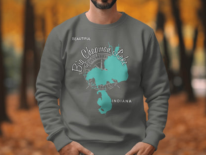 Gray sweatshirt with a map of Big Chapman Lake, Indiana, and compass.