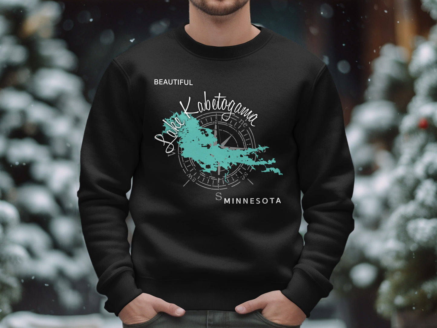 Black sweatshirt with "Lake Kabetogama Minnesota" and compass design.