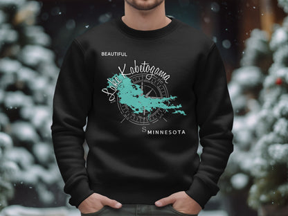 Black sweatshirt with "Lake Kabetogama Minnesota" and compass design.