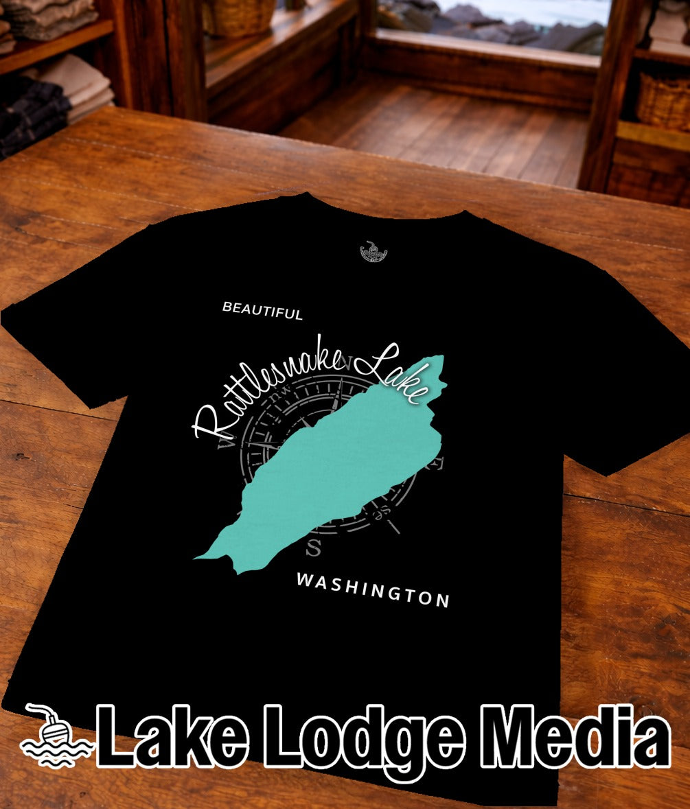 Black t-shirt with Rattlesnake Lake map and "Washington" text.