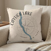 Cayuga Lake map and compass design on a light-colored throw pillow with text.