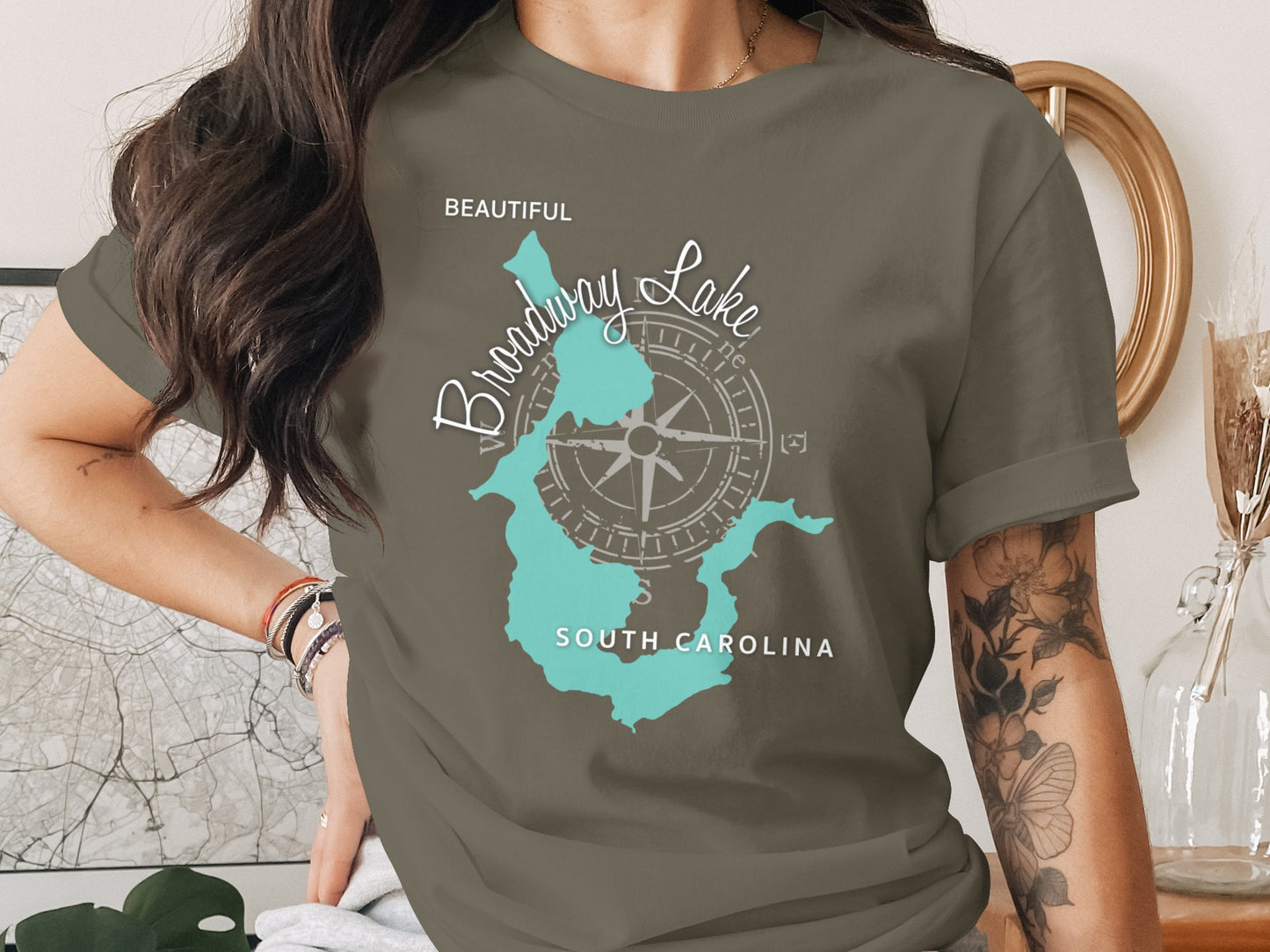 T-shirt with "Broadway Lake South Carolina" and compass graphic.