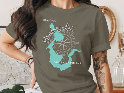 T-shirt with "Broadway Lake South Carolina" and compass graphic.