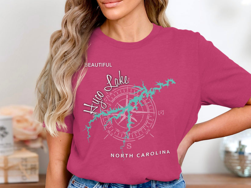 Pink t-shirt with "Hyco Lake" text and compass rose design.