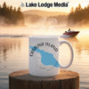 White mug with Catalina Island map and compass design, steaming hot beverage.