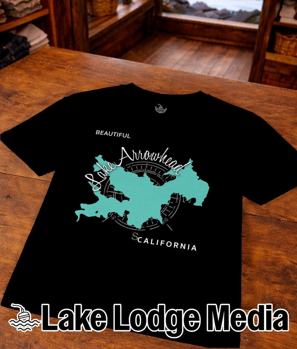 Black t-shirt with turquoise map of Lake Arrowhead, California and logo.