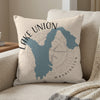 Cushion with blue Lake Union map graphic and "Lake Union Washington" text.