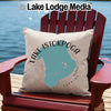 Light-colored pillow with Lake Istokpoga, Florida map on Adirondack chair.