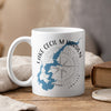 White mug with blue Lake Cecil M. Harden map and Indiana text.