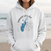 White hoodie with blue Saratoga Lake map outline and compass design.