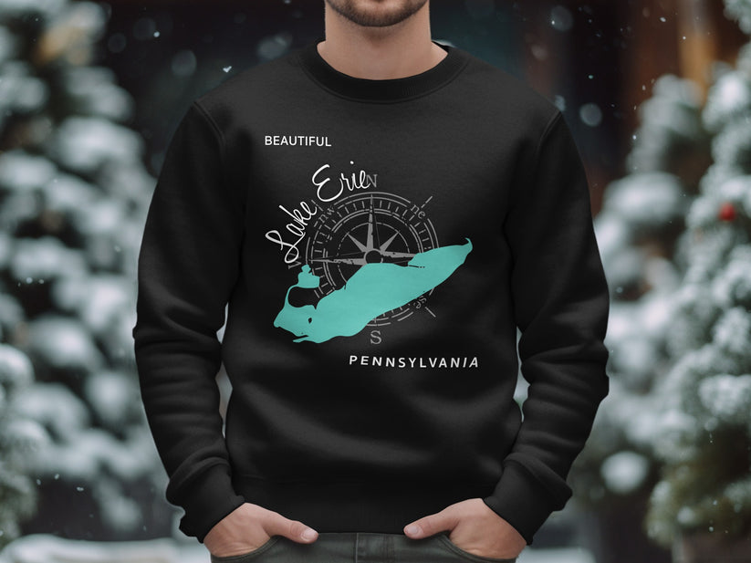 Black sweatshirt with "Lake Erie Pennsylvania" and compass graphic.