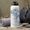 White water bottle with black lid, featuring a blue lake map and compass design.